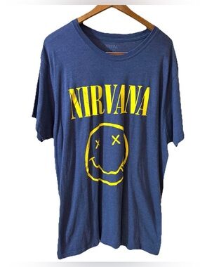 Blue Nirvana Graphic T-shirt w/Band's Iconic Yellow Smiley Face Logo Size XXL 2X